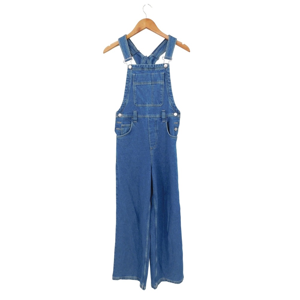 Sezane Soline Overalls Denim Blue Wide Leg Organic Cotton Jumpsuit FR 34 US 2